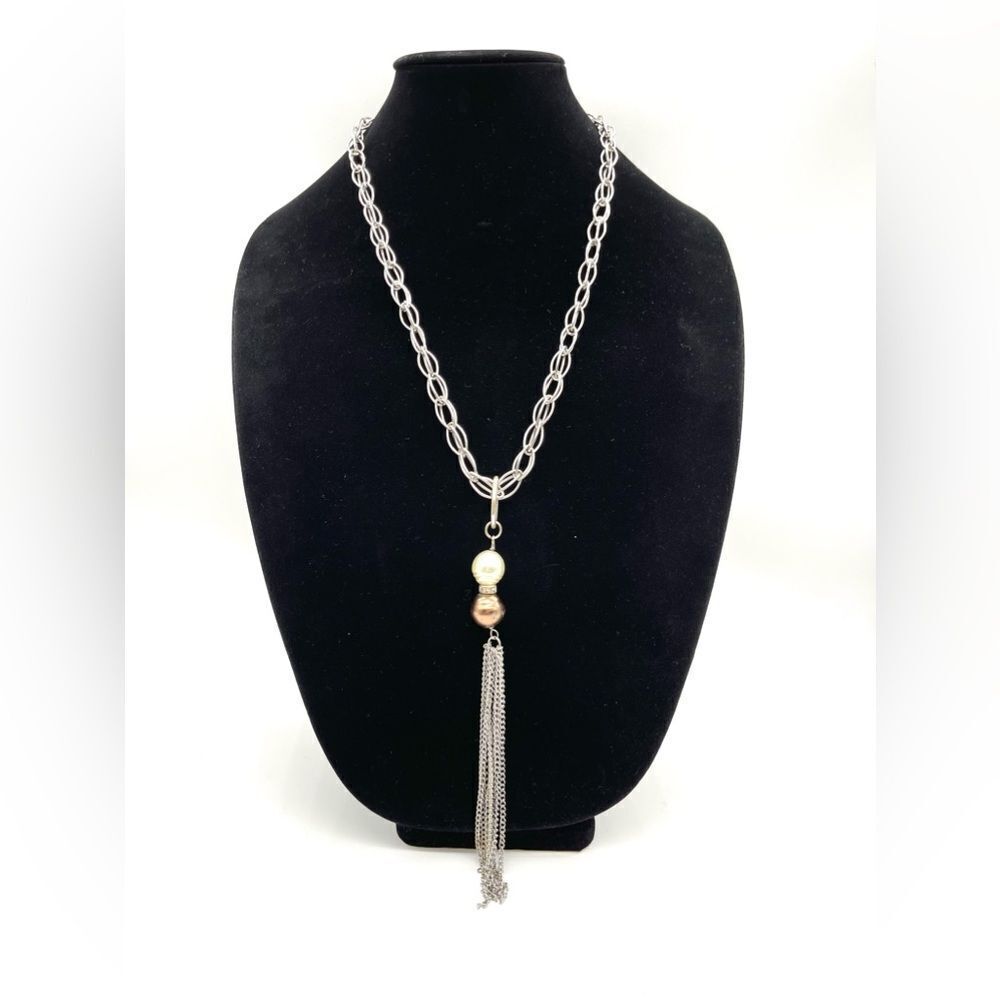 Silver ToneTassel with Faux Pearls Accent Necklace